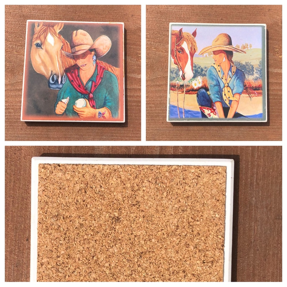 Horse and Woman Rider Lot of 2 Square Coasters Southwestern Style Unbranded